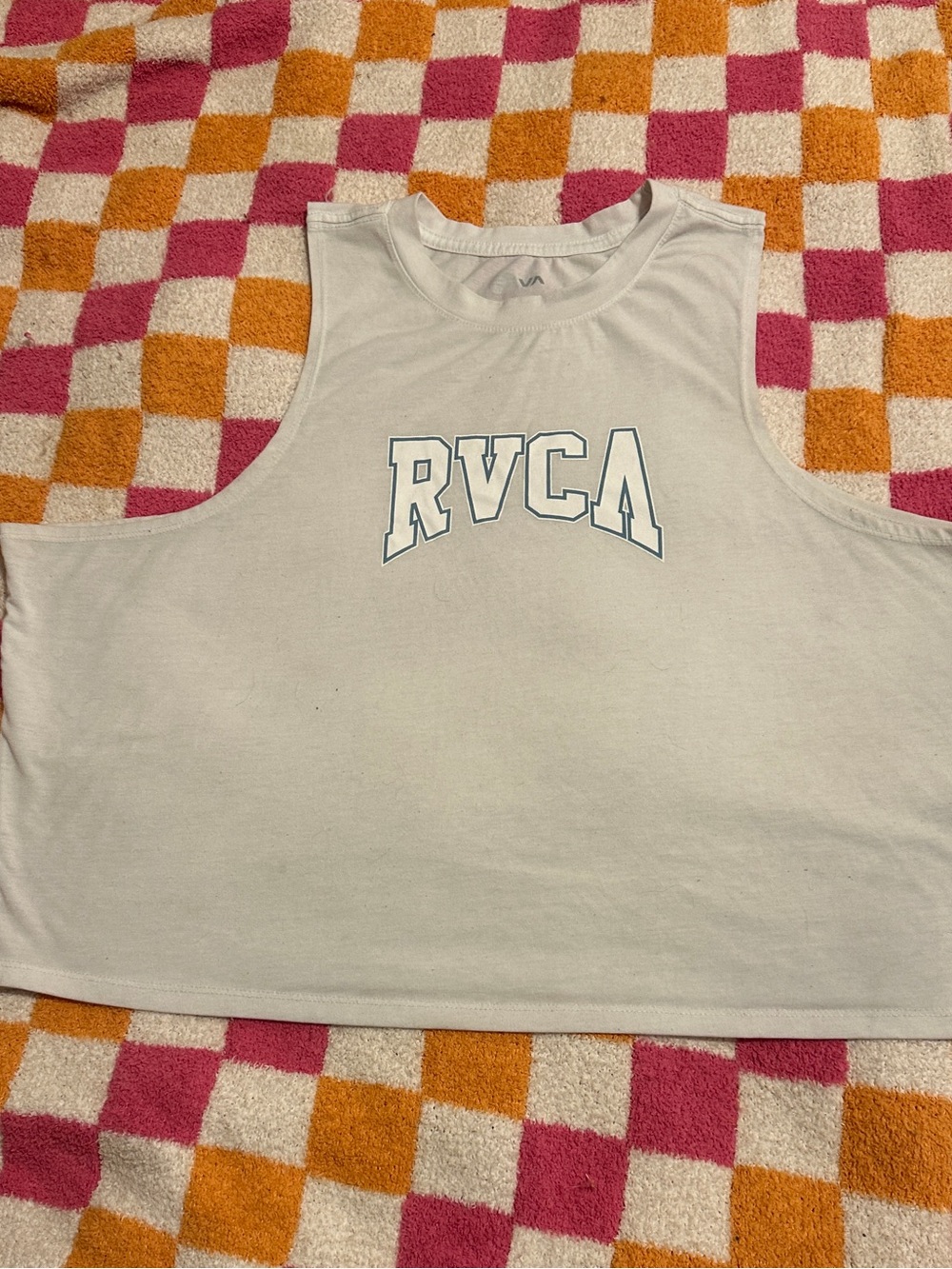 RVCA White Cropped Tank with Light Blue Logo Outline